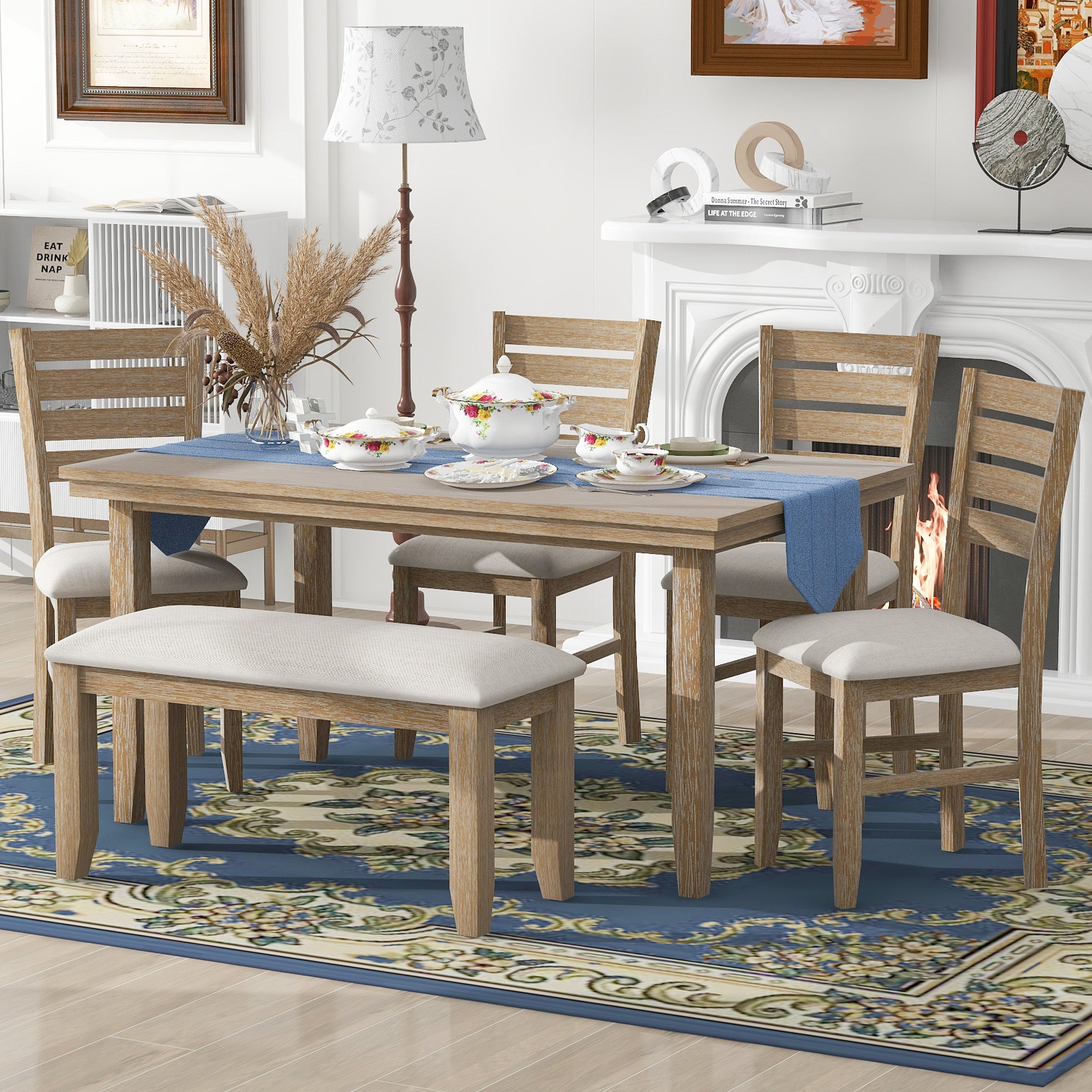 6-Piece Rustic Dining Set w/ Bench - Natural Wood