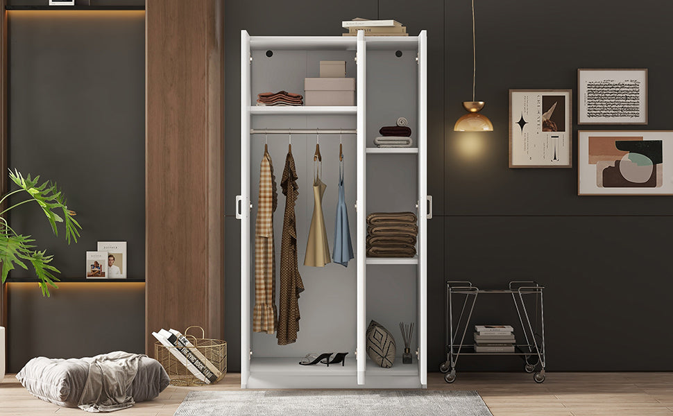 3 Door Wardrobe w/ Mirror, Hanging Rod, White