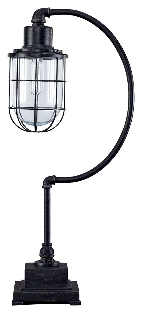 Antique black metal desk lamp with curved arm and glass cage shade