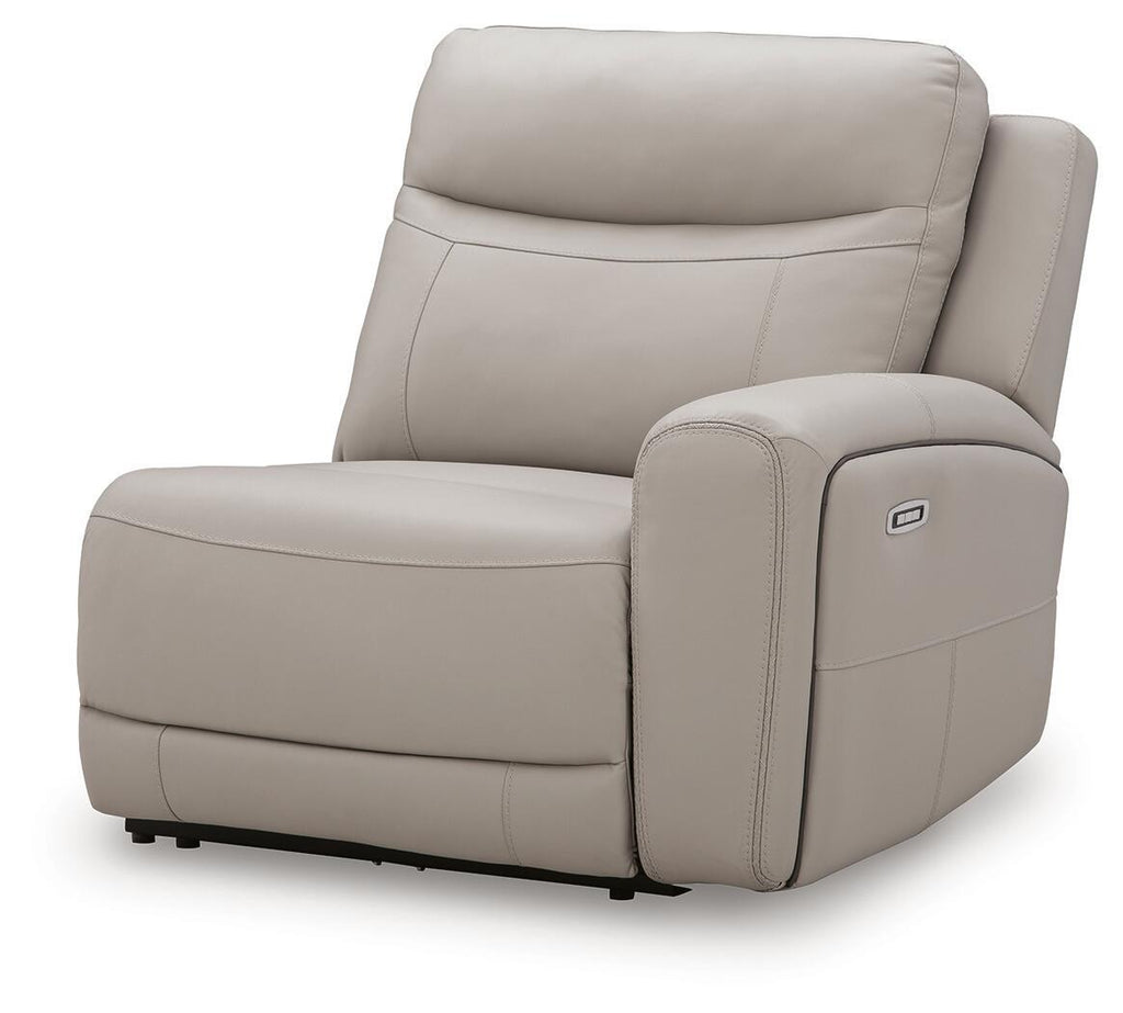 Gray power recliner chair with padded arms and built-in control panel