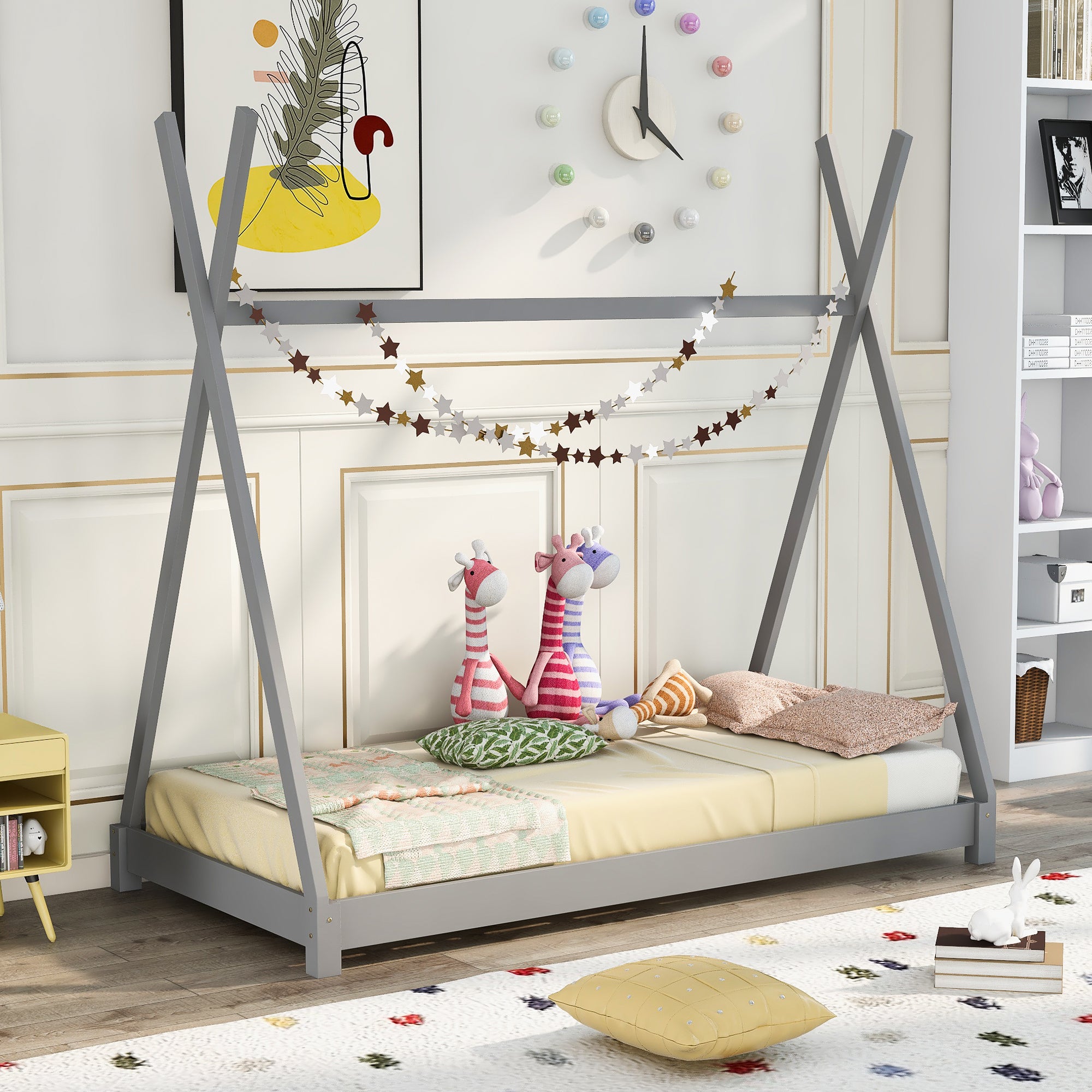 Gray Twin House Bed: Platform Frame with Triangle Roof Design