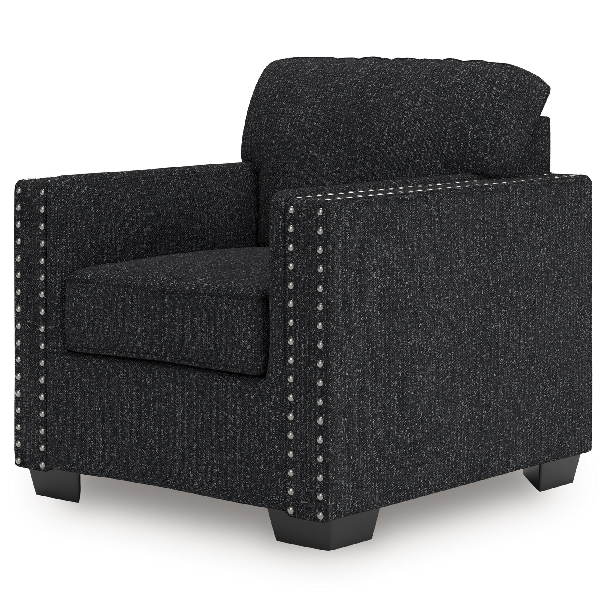 Dark charcoal upholstered armchair with rolled back, wide arms, and silver nailhead trim.