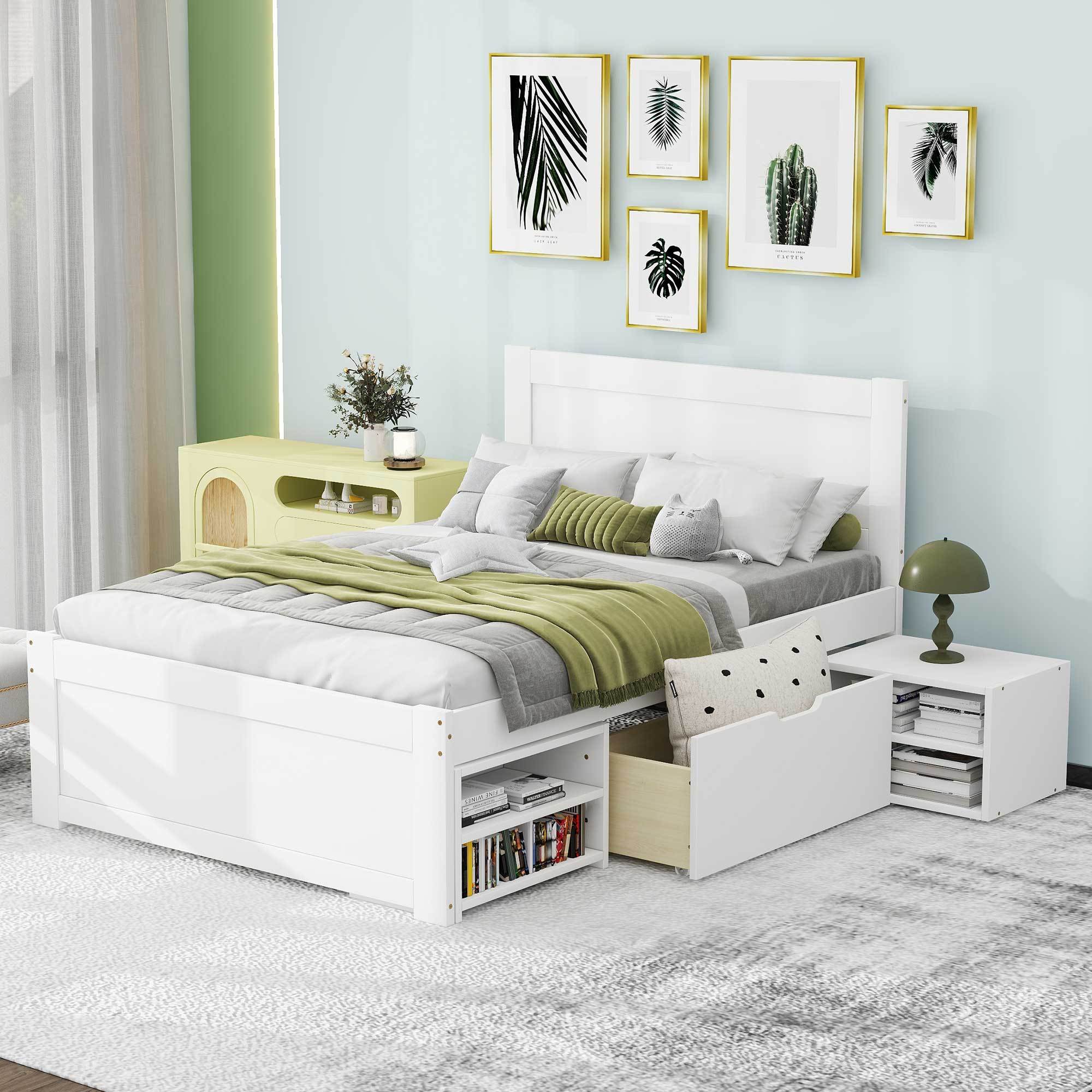 White Twin Platform Bed with Storage Drawer & 2 Shelves