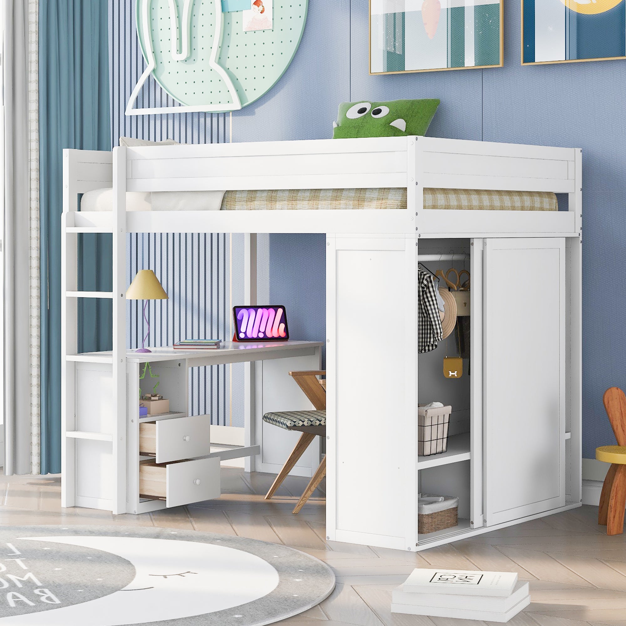 Wood Full Size Loft Bed with Wardrobes, Desk & Cabinet - White