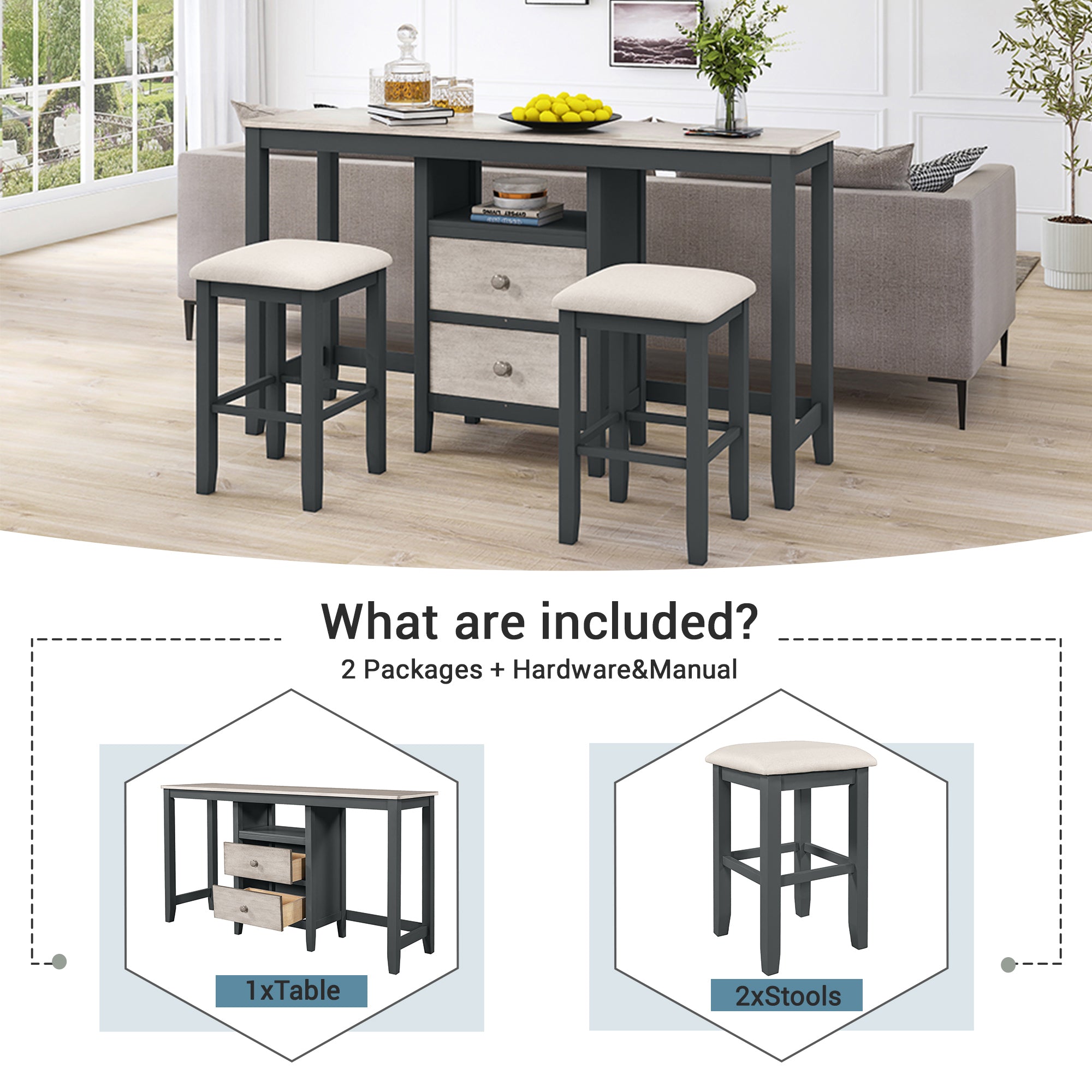 Farmhouse 3-Piece Counter Height Dining Set