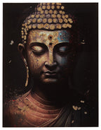 Black and gold Buddha face wall art print, centered portrait