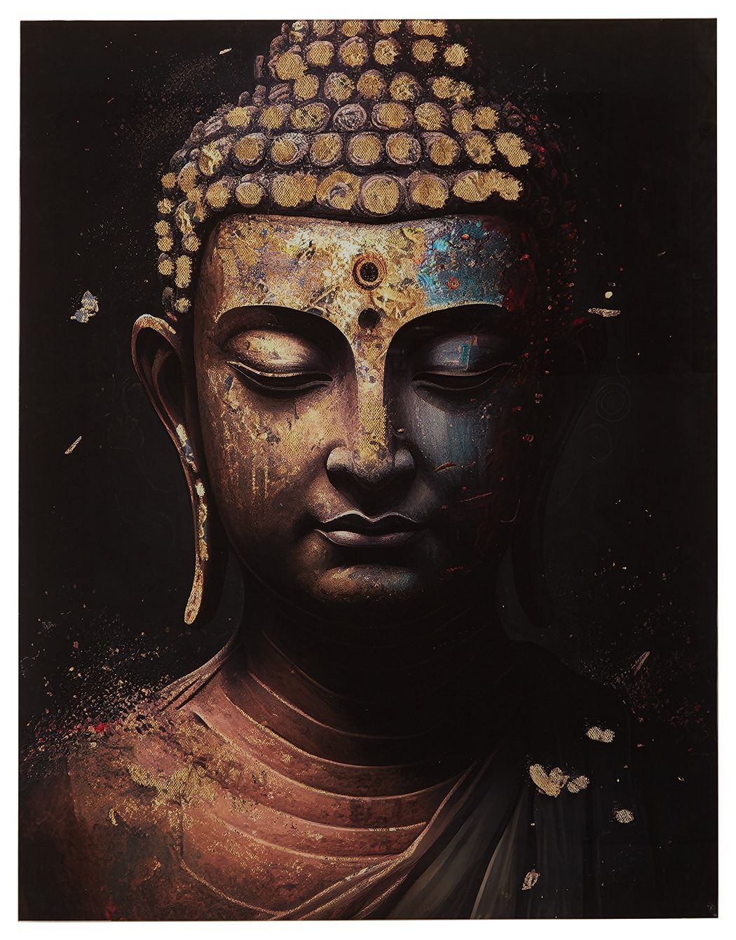 Black and gold Buddha face wall art print, centered portrait
