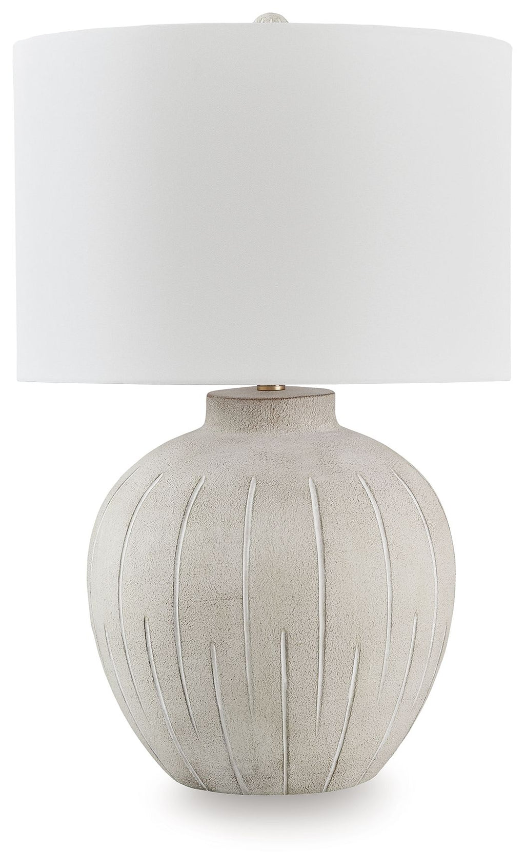Warm gray poly table lamp with ribbed base and white drum shade
