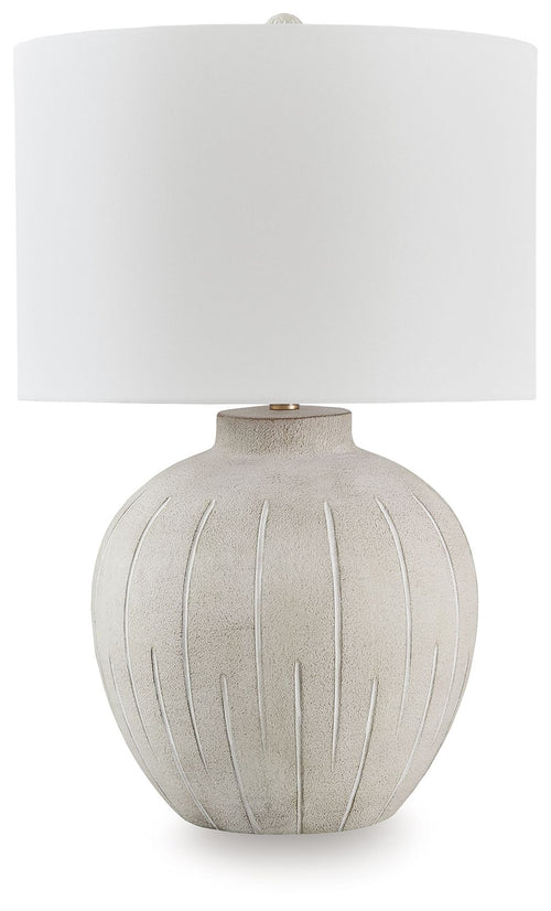 Warm gray poly table lamp with ribbed base and white drum shade