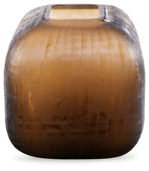 Textured dark brown vase with open top and ribbed basket-weave pattern