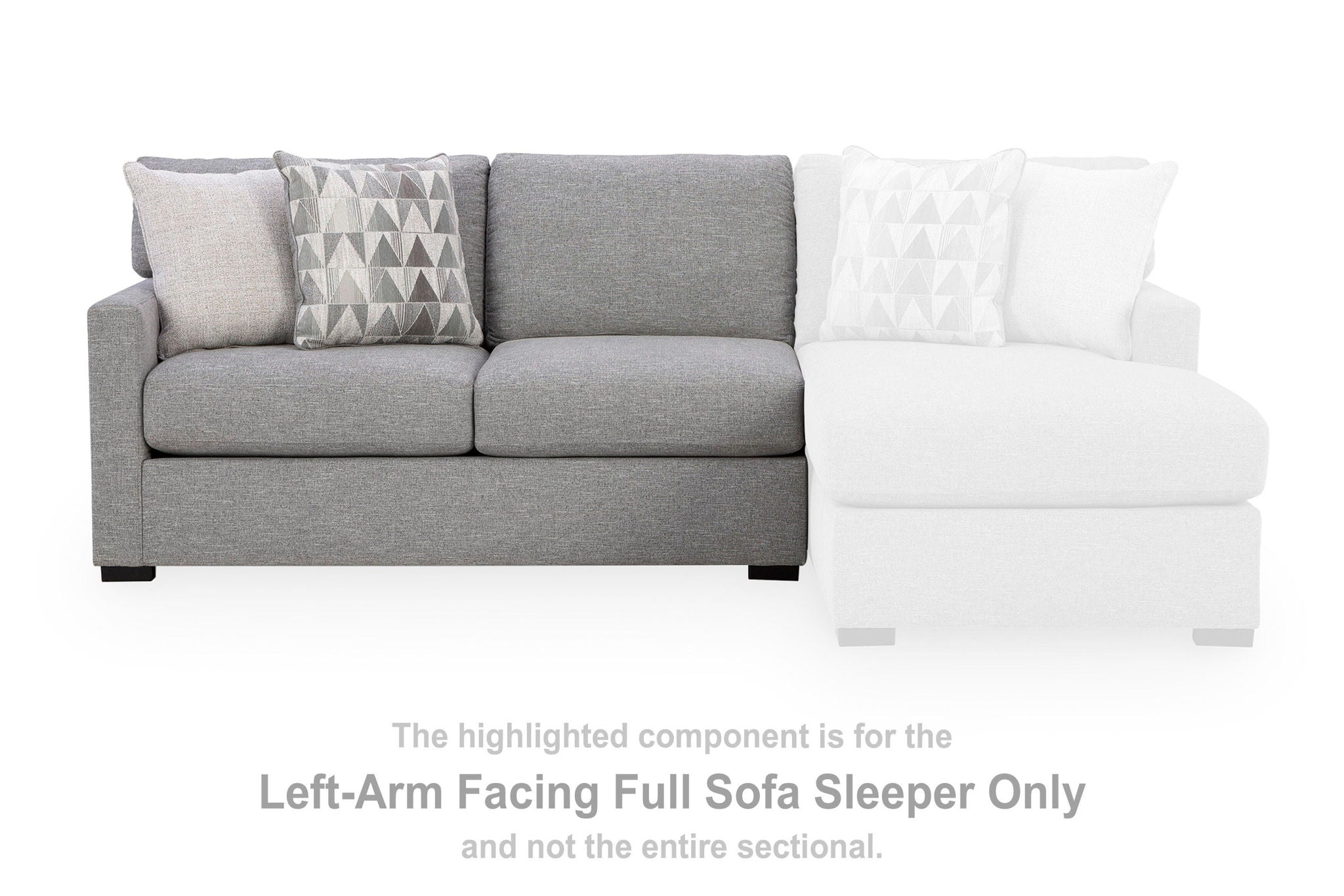 Pewter gray left-arm facing full sofa sleeper with two-tone patterned and white pillows