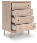 Four-drawer chest with drawers partially open, light tan wood and black knobs
