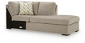 Stone fabric right-arm corner chaise with patterned cushion, black base, and angled armrest
