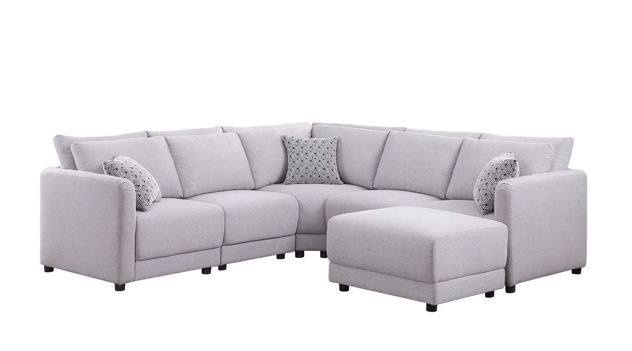 Penelope - Fabric Reversible L-Shape Sectional Sofa With Ottoman And Pillows - Light Gray Linen