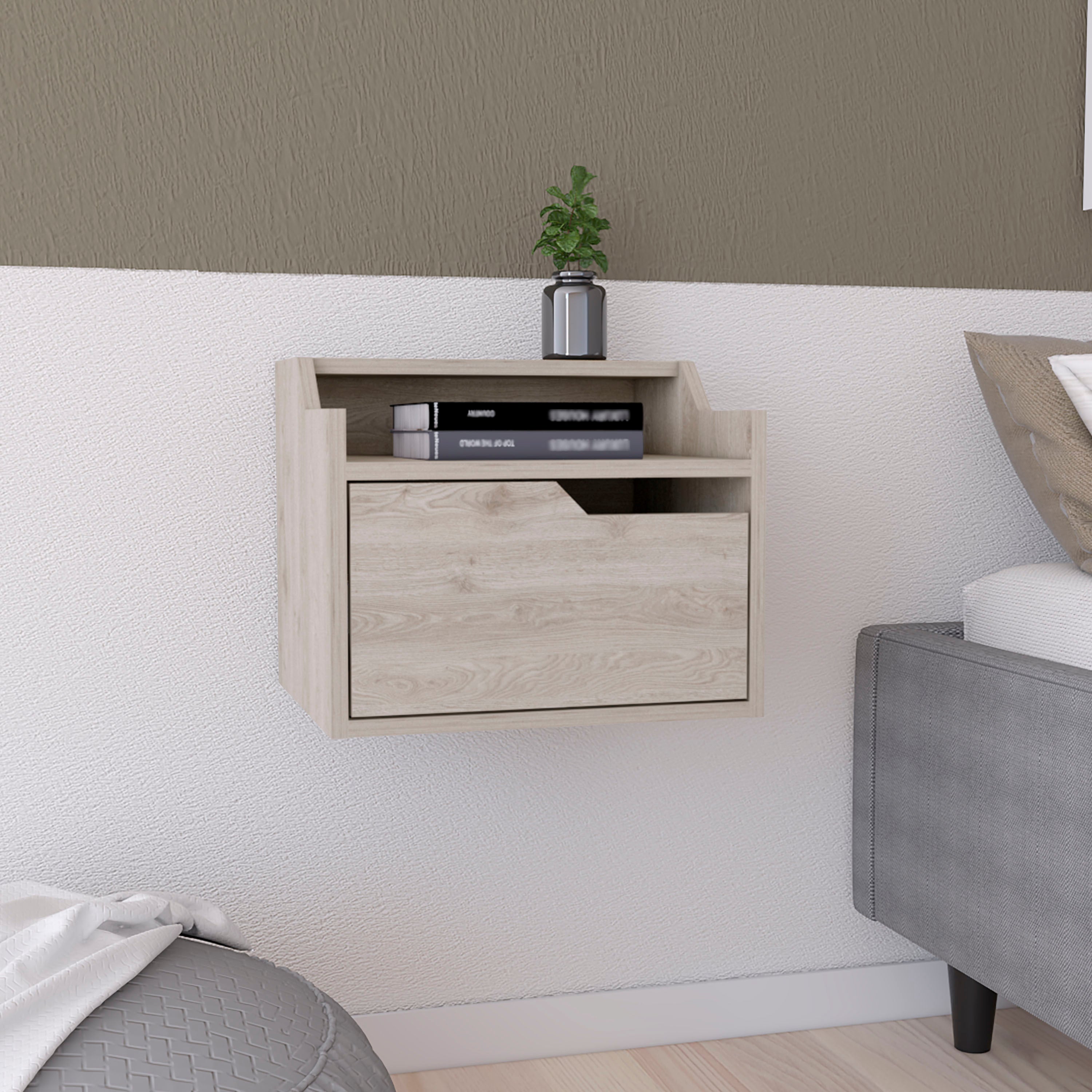 Light Gray Floating Nightstand: Winchester Modern Dual-Tier Design, Storage