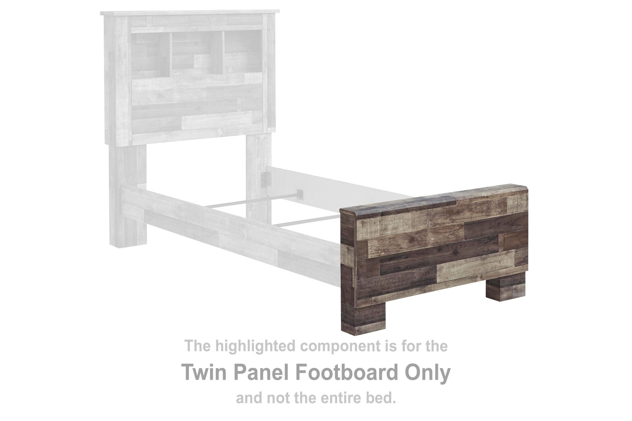 Twin panel footboard, dark multi-gray wood with horizontal rails and slatted center.