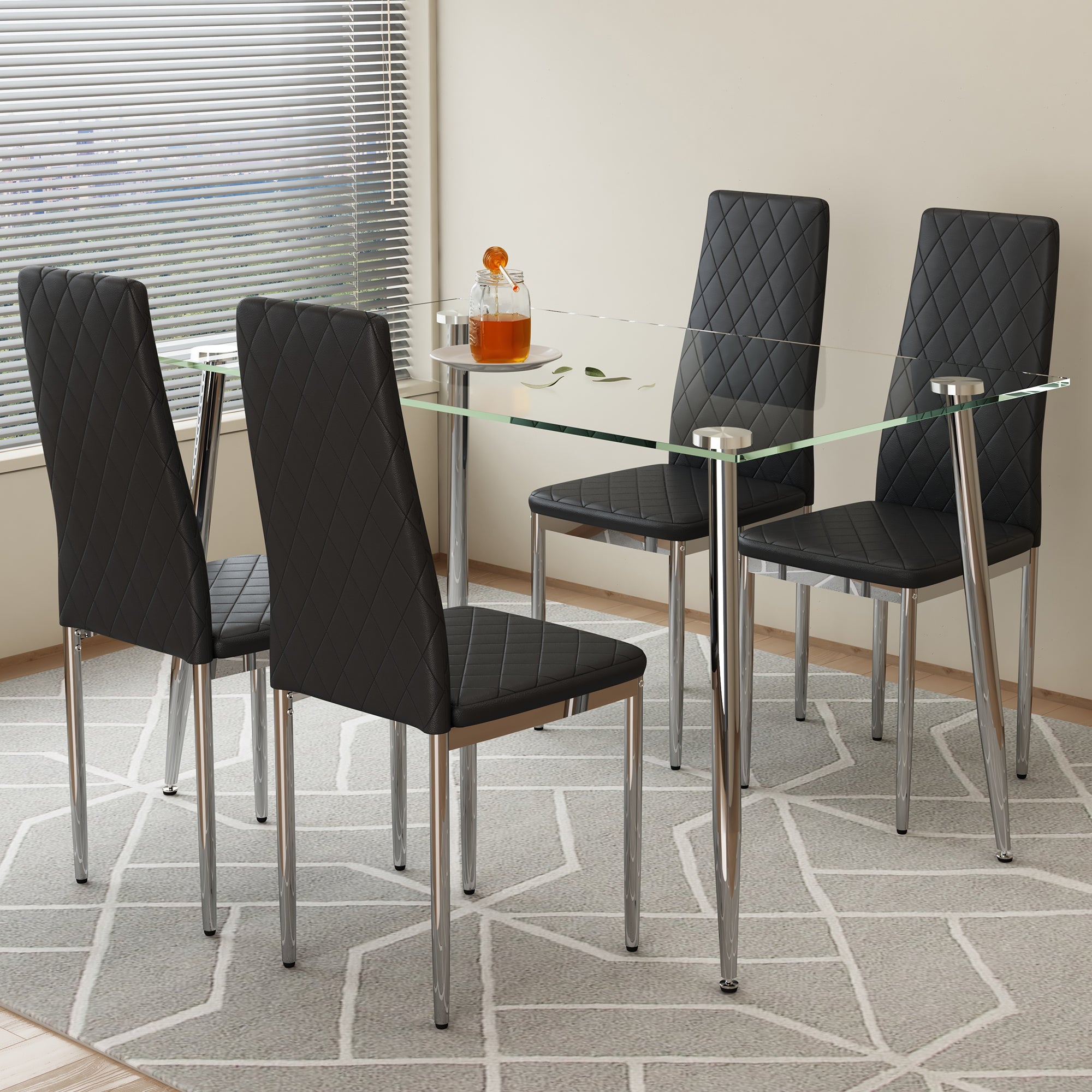 Glass Dining Table & 4 Black Chairs Set
