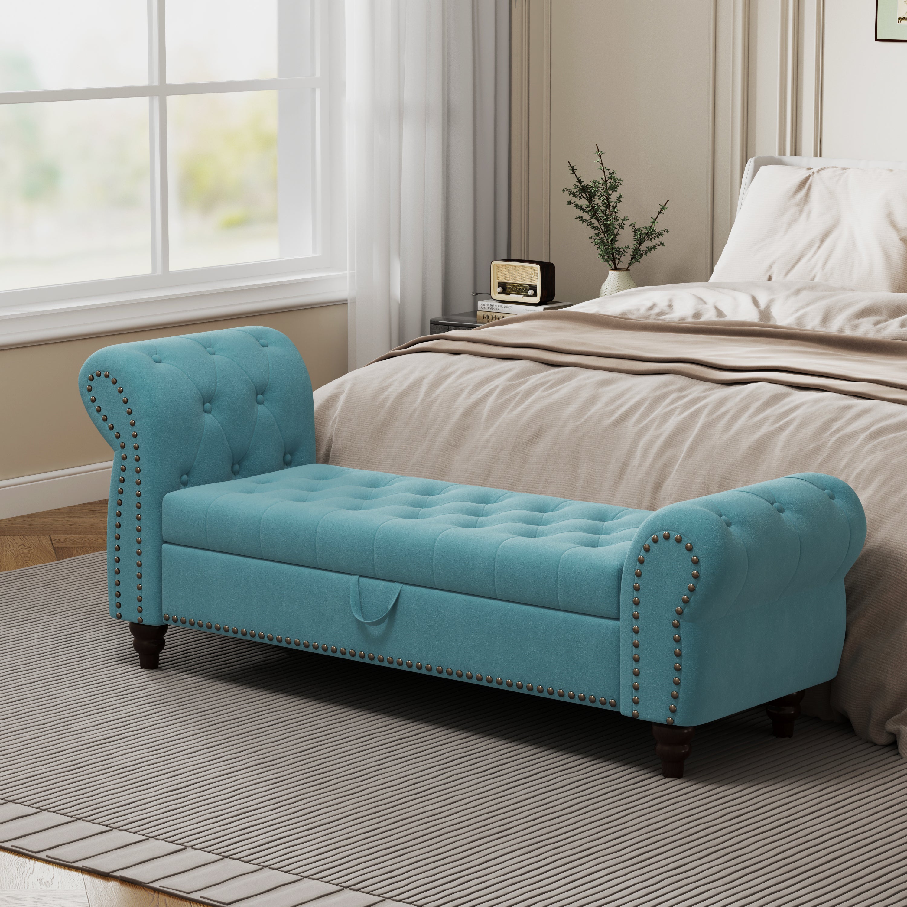 Velvet Tufted Bed Bench with Storage - Lake Blue 64.5"