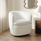 White swivel accent chair with rounded arms and thick padded seat, fabric upholstery.