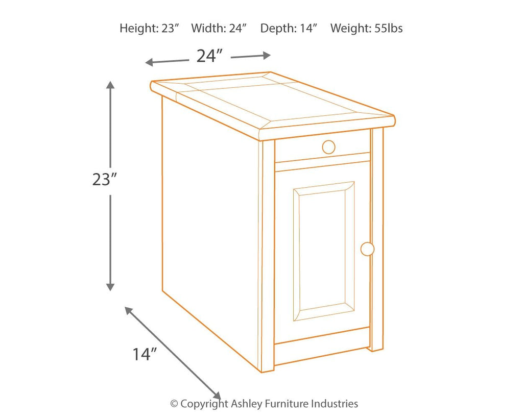 Chair side end table line drawing with dimensions: 24"W x 14"D x 23"H