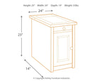 Chair side end table line drawing with dimensions: 24"W x 14"D x 23"H