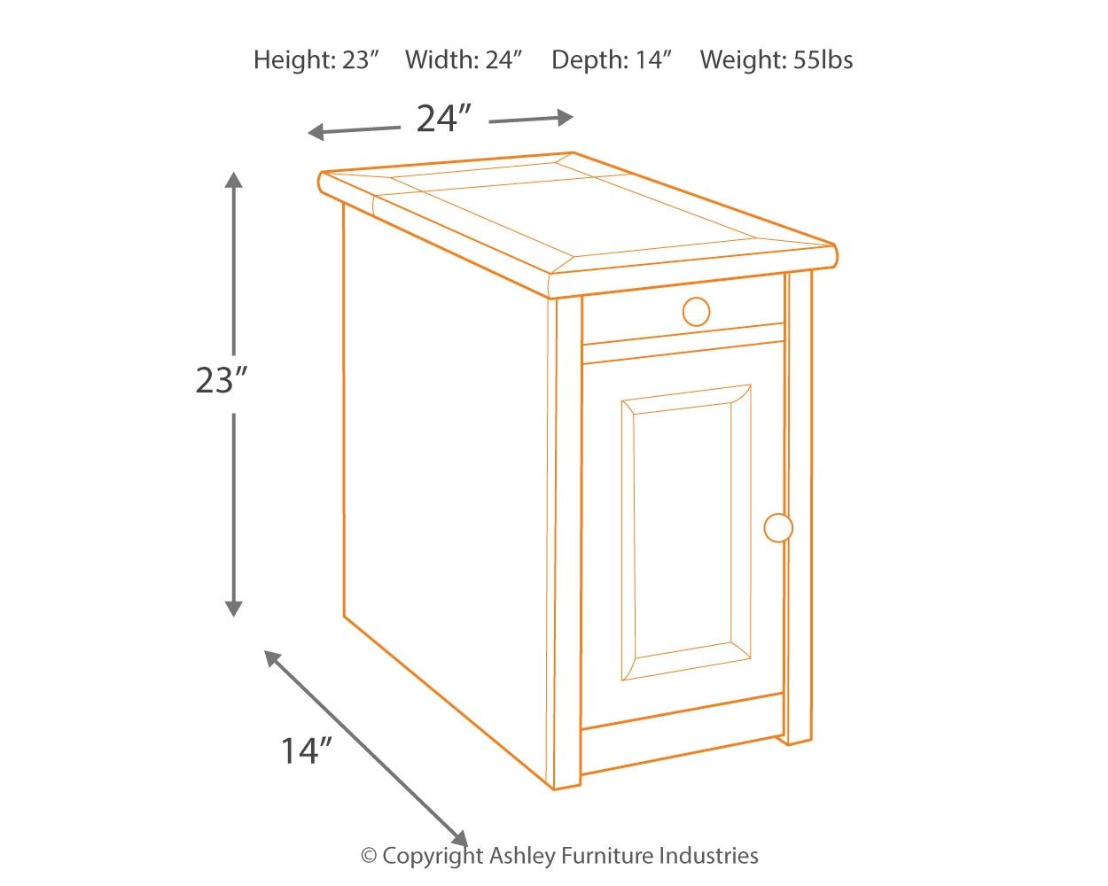 Chair side end table line drawing with dimensions: 24"W x 14"D x 23"H