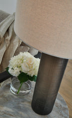 Glass table lamp base in dark brown with beige drum shade