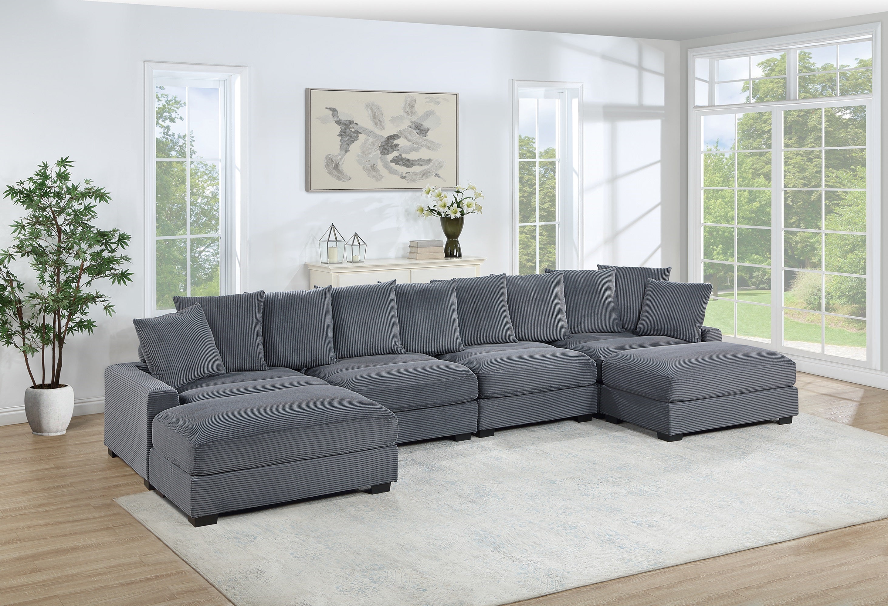 Contemporary Dark Gray Corduroy Modular 6pc Sectional Sofa Set