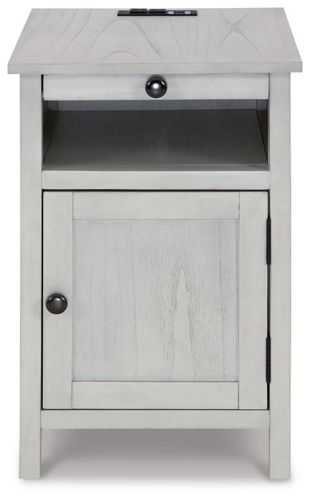 Chair-side end table, white wood grain, drawer and cabinet door with metal knob