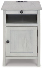 Chair-side end table, white wood grain, drawer and cabinet door with metal knob