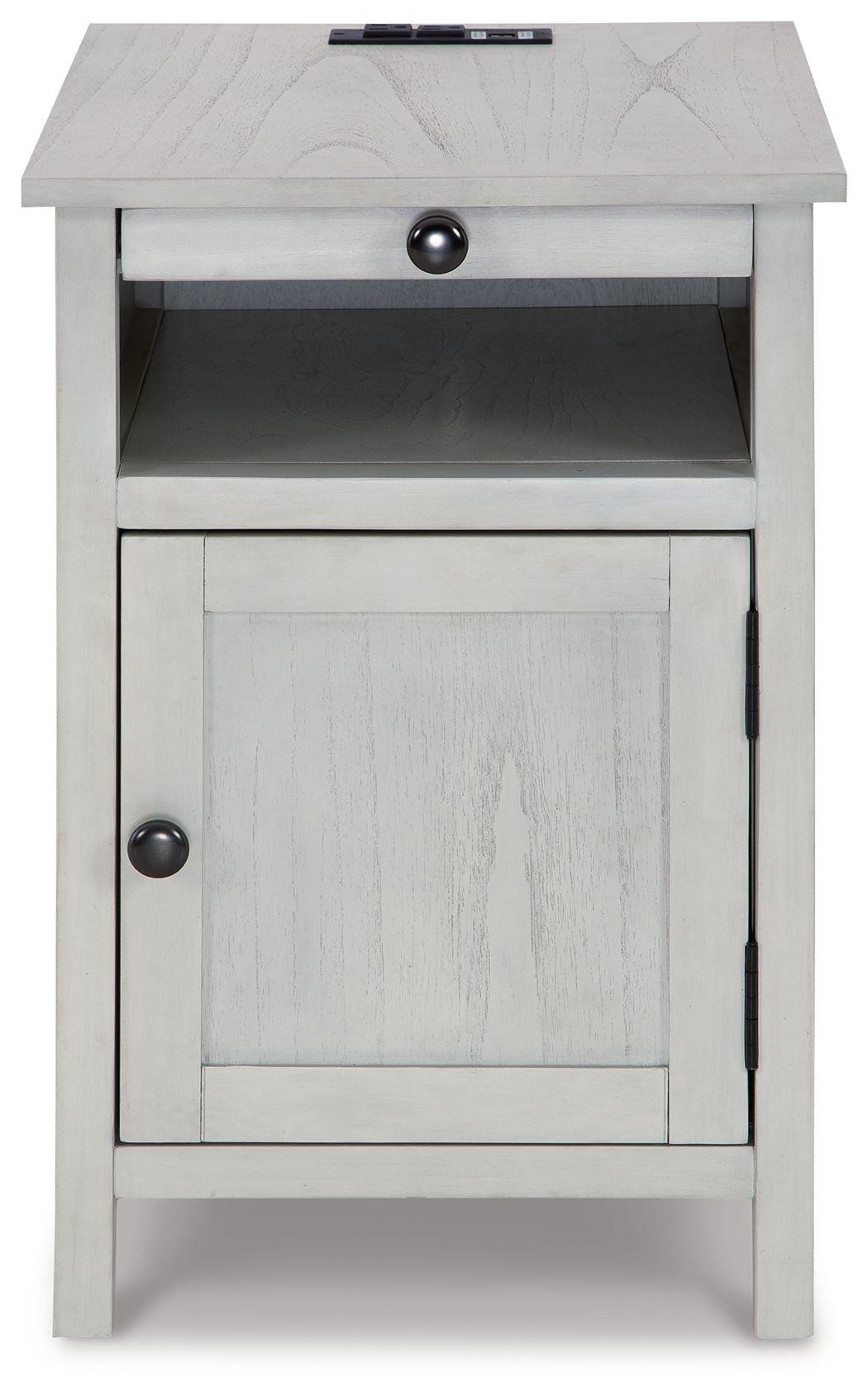 Chair-side end table, white wood grain, drawer and cabinet door with metal knob