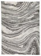 Wysdale rug, dark gray abstract wave pattern with light gray swirls.