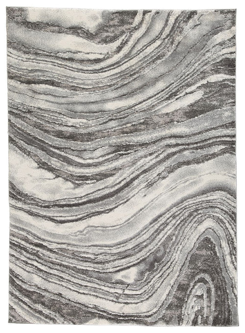 Wysdale rug, dark gray abstract wave pattern with light gray swirls.