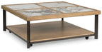 Square cocktail table with wood frame, marble-look tiled top and black legs, lower shelf