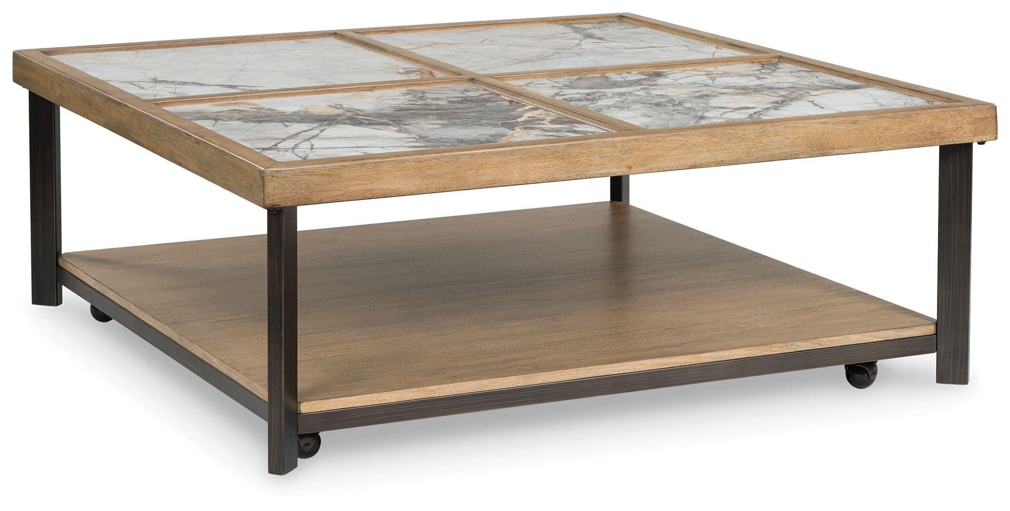 Square cocktail table with wood frame, marble-look tiled top and black legs, lower shelf
