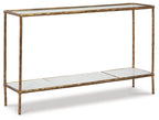 Antique brass console sofa table with two open shelves and straight metal legs