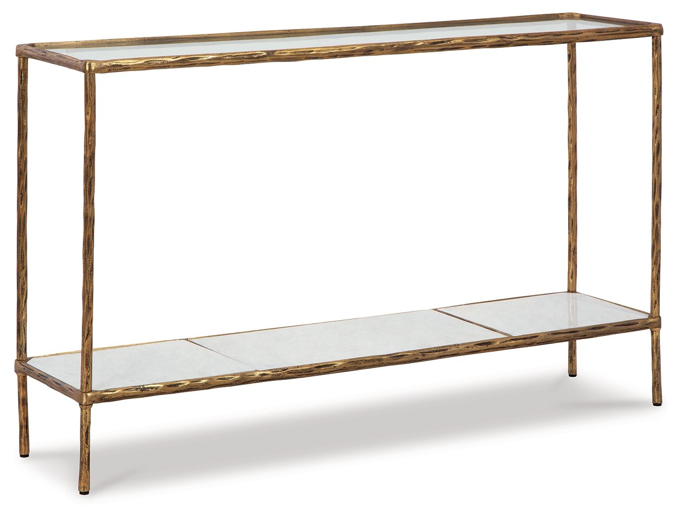 Antique brass console sofa table with two open shelves and straight metal legs