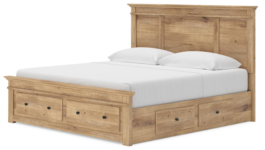 Light brown wood panel storage bed with slatted base and three drawer fronts