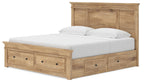 Light brown wood panel storage bed with slatted base and three drawer fronts