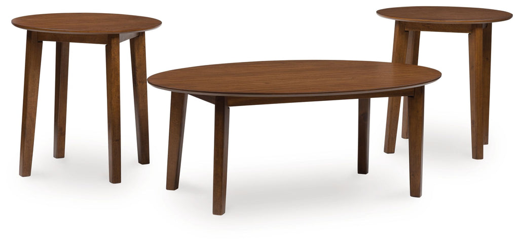 Brown occasional table set, three matching wooden round tables with tapered legs