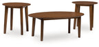 Brown occasional table set, three matching wooden round tables with tapered legs