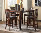 Brown counter-height dining table with four matching chairs