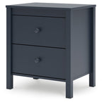 Navy blue two-drawer night stand with round knobs and tapered legs.