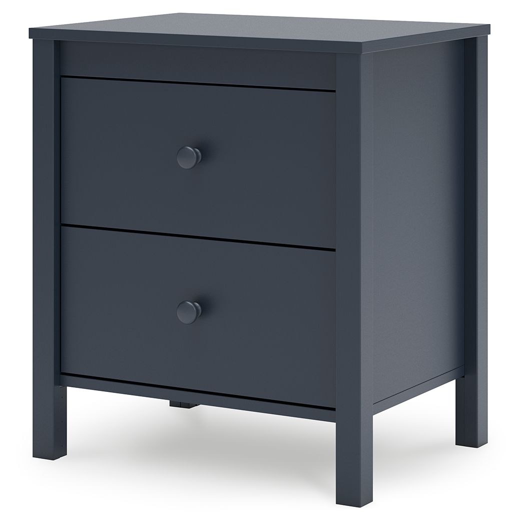 Navy blue two-drawer night stand with round knobs and tapered legs.