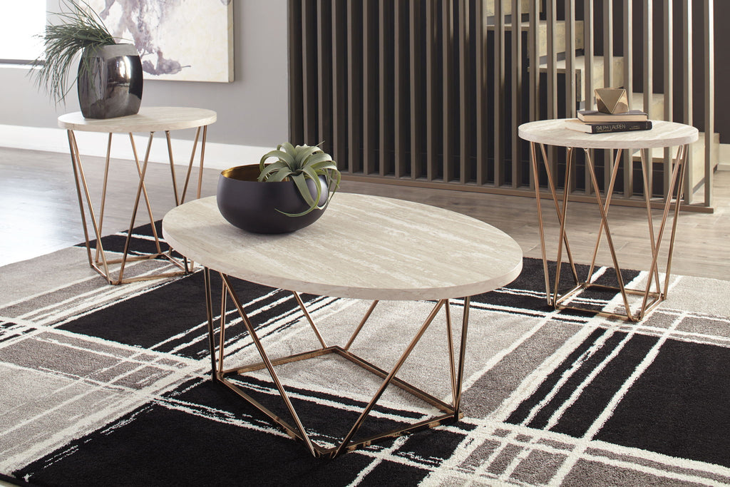 Occasional table set of 3 with a large and two small round off-white tables, gold legs