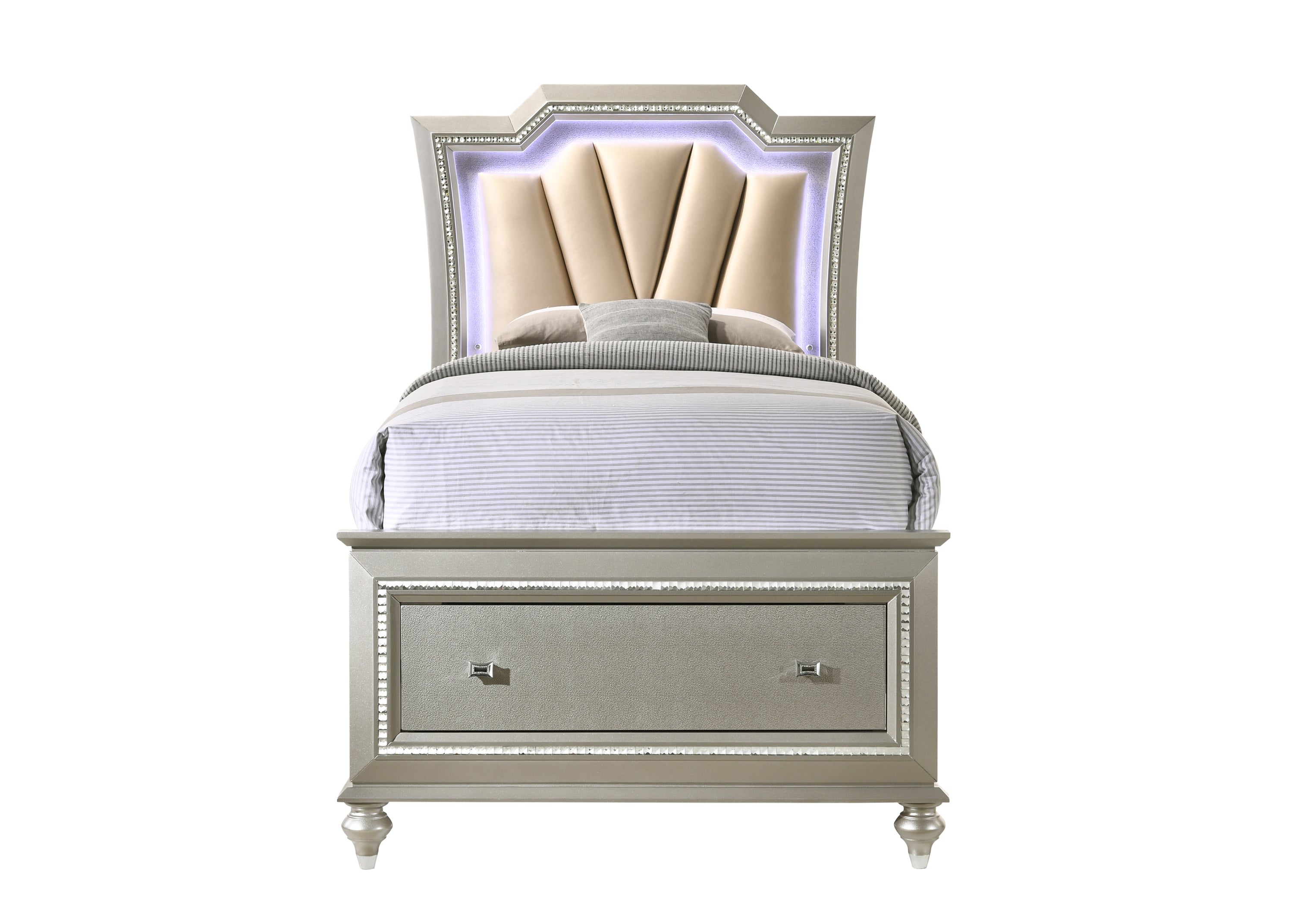 Kaitlyn Full Bed: Synthetic Leather, Champagne Finish, LED & Storage