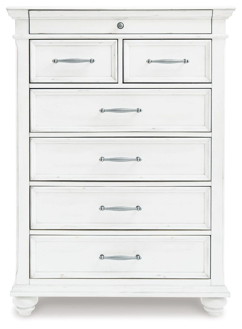 Whitewash dresser chest front with five drawers and metal bar pulls, turned feet