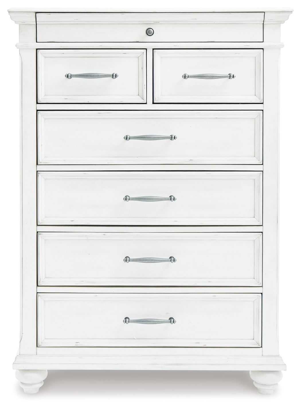 Whitewash dresser chest front with five drawers and metal bar pulls, turned feet