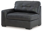 Gray corner chair with padded back, seat cushion, and square arms on feet