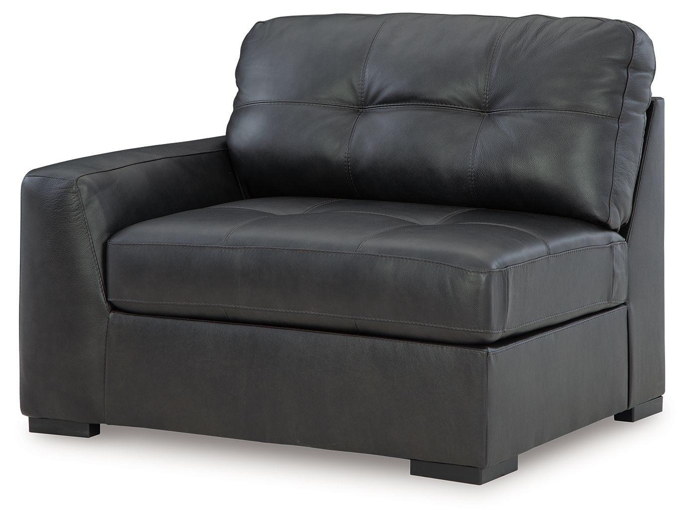 Gray corner chair with padded back, seat cushion, and square arms on feet